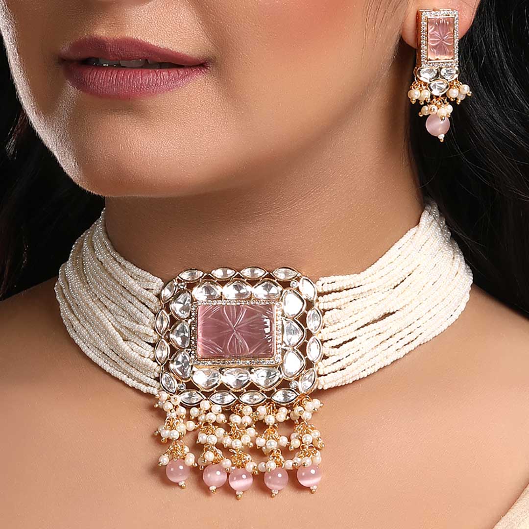 Buy Pearls Beaded Pastel Pink Choker Set HRNS 253 – SIA Jewellery