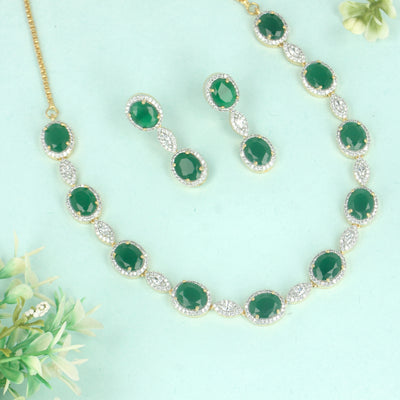 CZ Antique Simple Oval Green Necklace Set - SIA428704