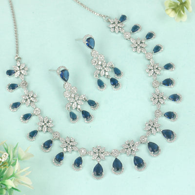 Sparkling Elegance Tear Drop Blue Necklace Set - SIA428719