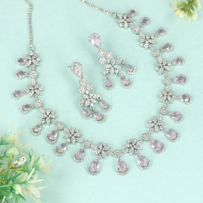 Sparkling Elegance Tear Drop Light Pink Necklace Set - SIA428720