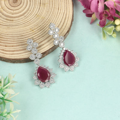 Red Ruby Stone & American Diamond Beaded Earrings - SIA428799