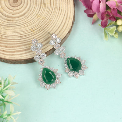 Green Ruby Stone & American Diamond Beaded Earrings - SIA428800