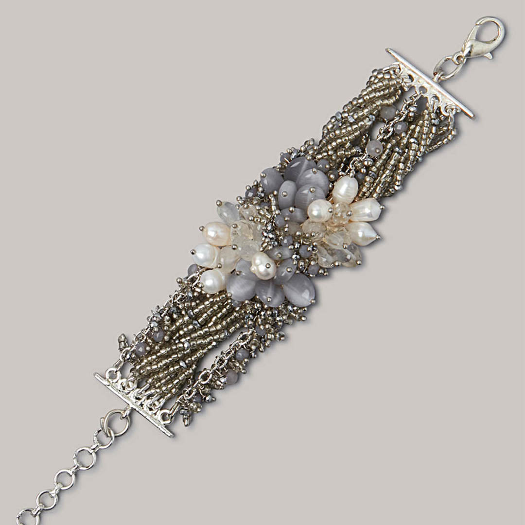 Designer Beaded Bracelet With Pearls Ad Stone In Grey And Off-White - CKBR-176-01-GREY