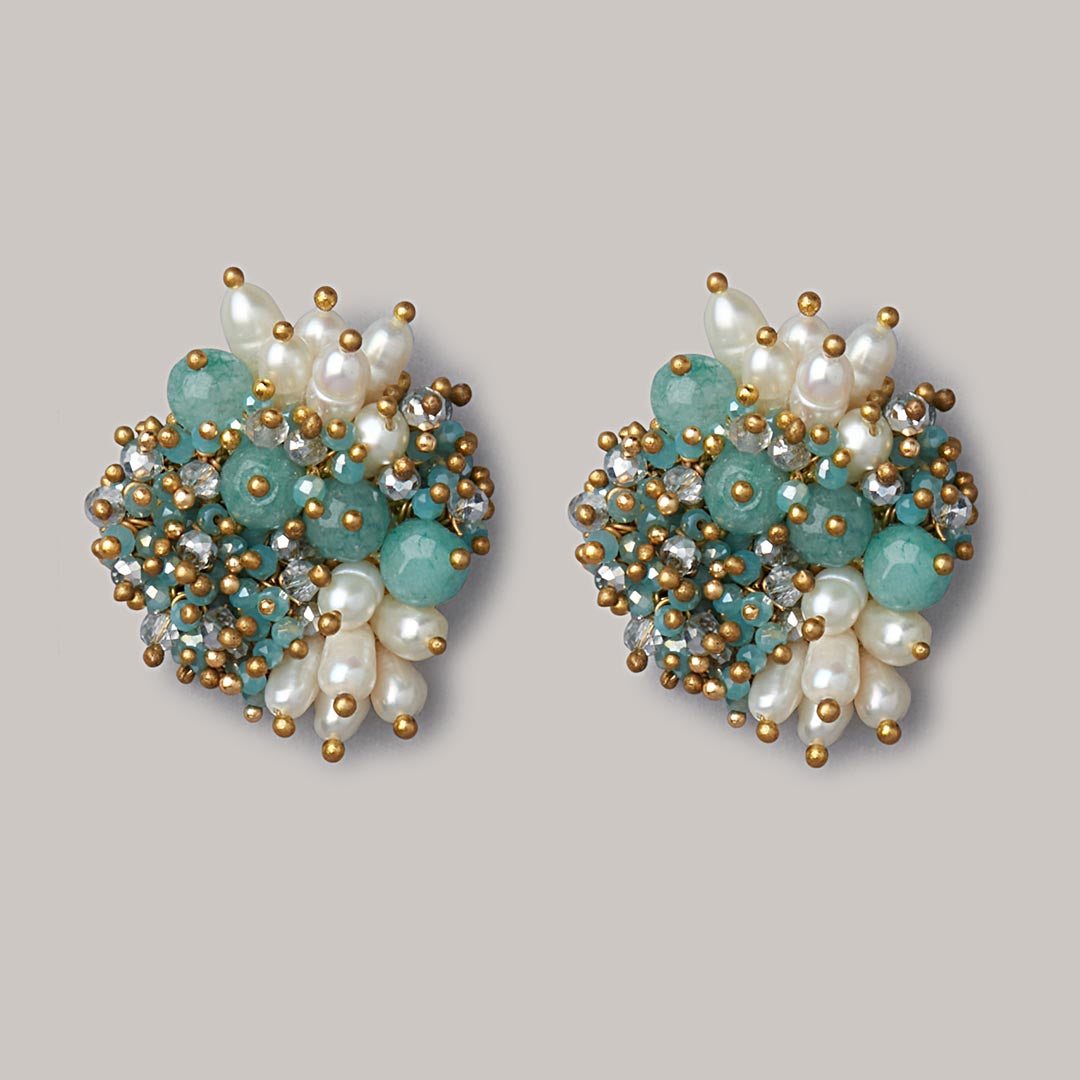 Studs With Turquoise Agate Stones With Off-White Pearls - CKE-179-01-BLUE