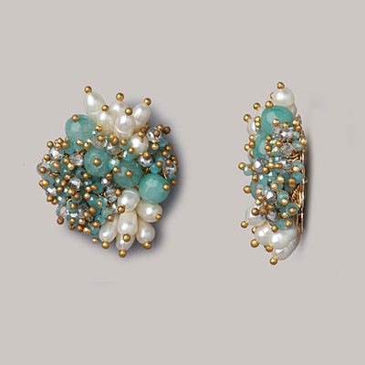 Studs With Turquoise Agate Stones With Off-White Pearls - CKE-179-01-BLUE