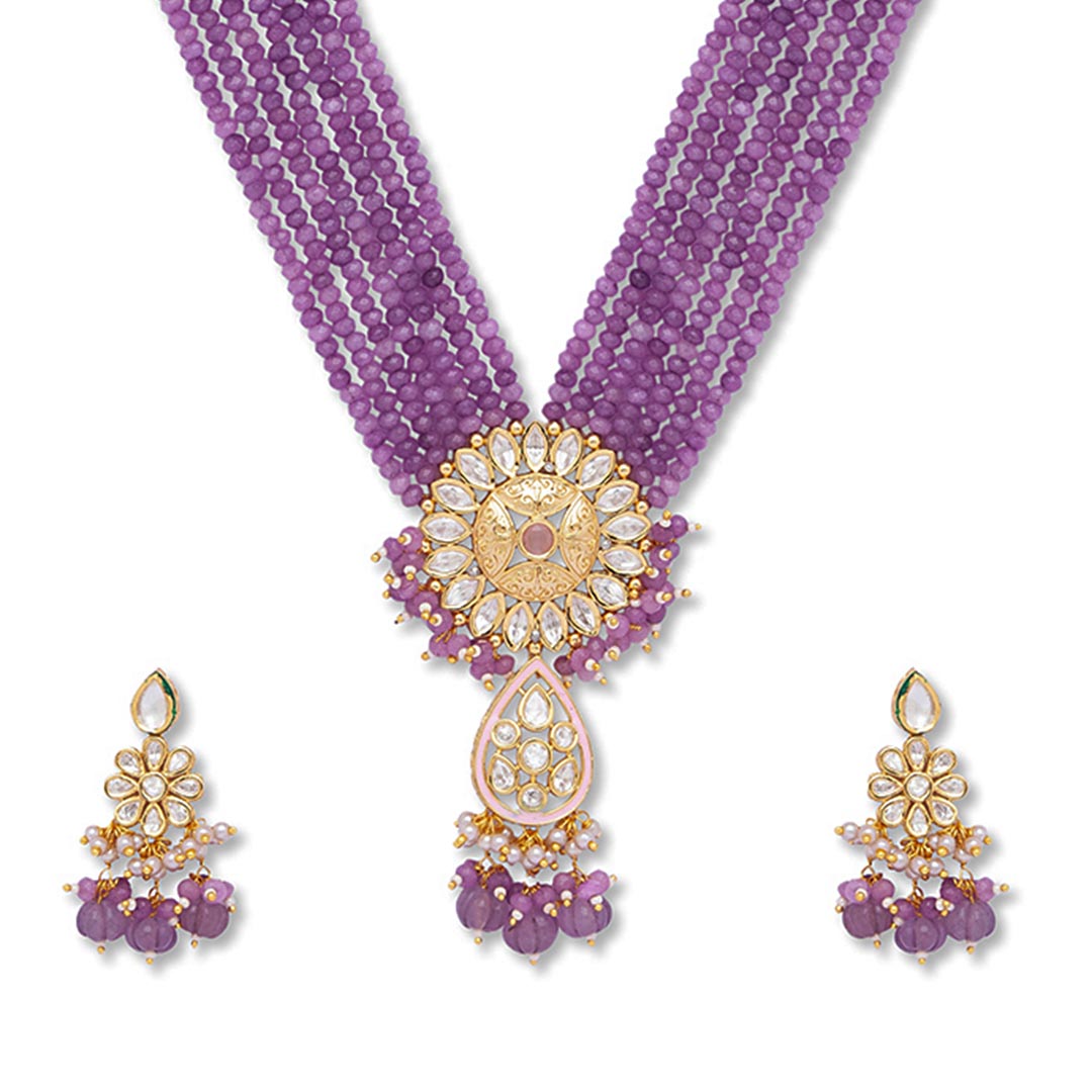 Purple Beaded Long Necklace Set - HRNS107