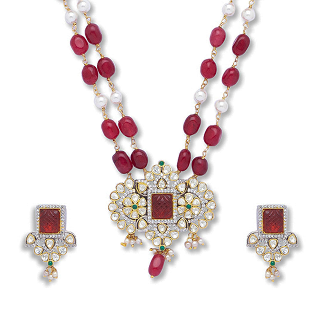 Ruby Beads Long Necklace Set - HRNS118
