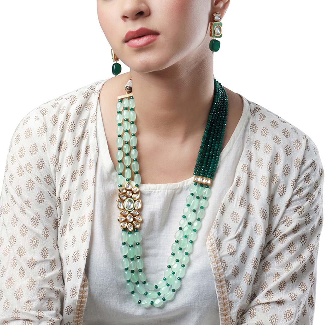 Long Green Beads Necklace Set - HRNS140