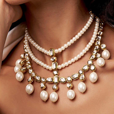 Classic Pearl Necklace With Polki - JUJBR23N35
