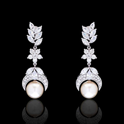 92.5 Silver Marquise Diamond and Pearl Drop Dangling Earrings By Treszuri L1470