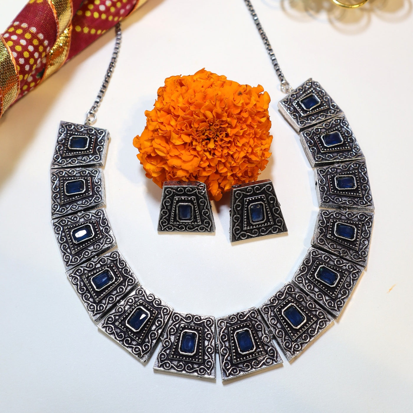 Vintage Blue & Silver Block Design Necklace -  SIA452026