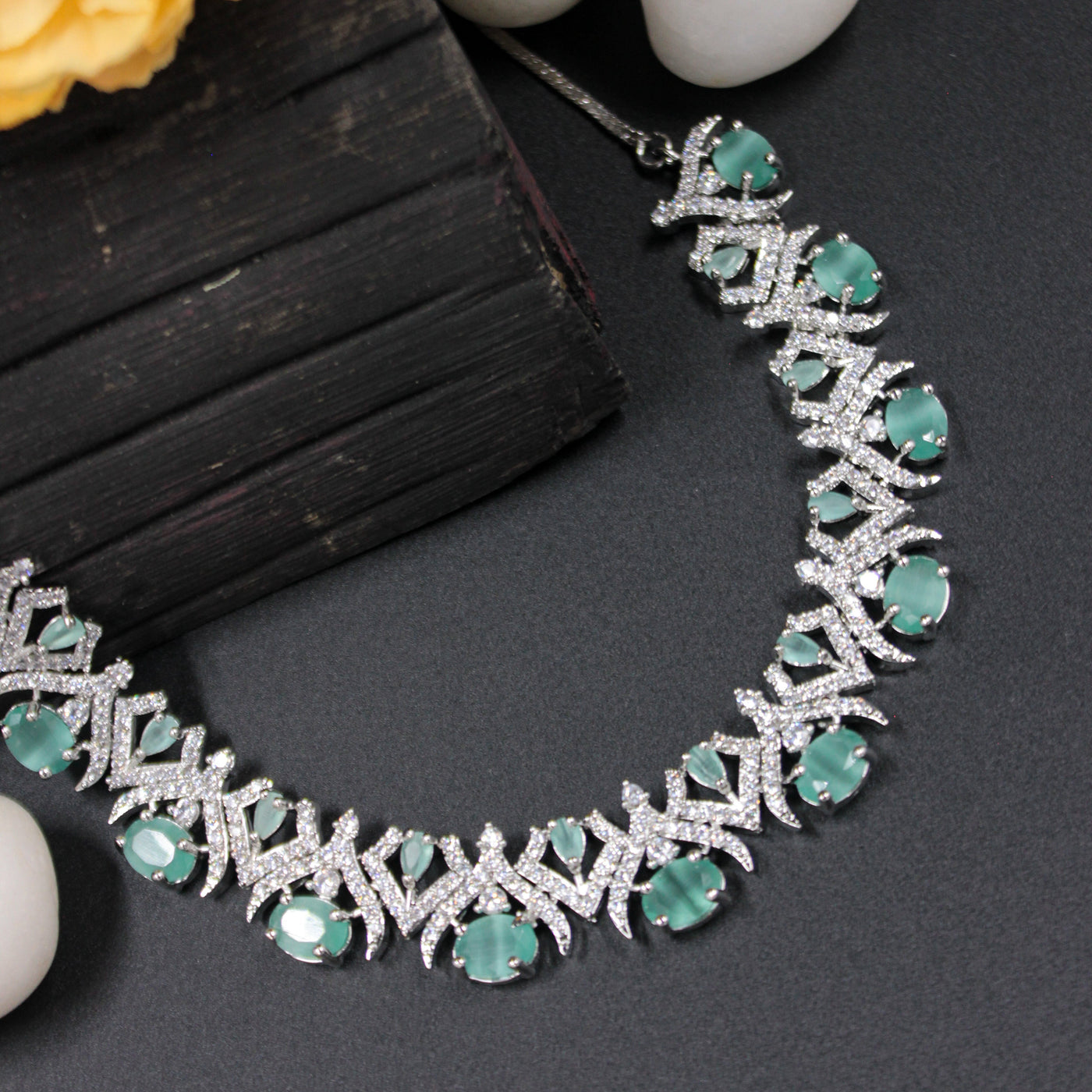 Green Oval Necklace Set with Diamond Criss-Cross Design - SIA451024