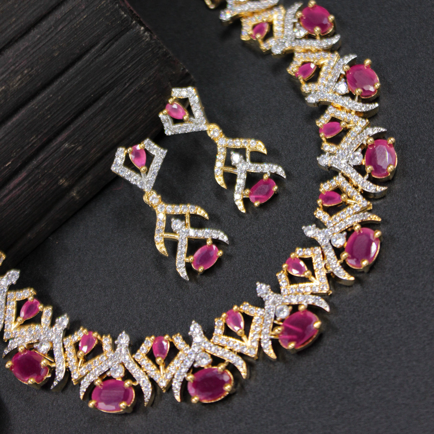 Ruby Red Oval Necklace Set with Gold Diamond Zigzag Design - SIA451023_A