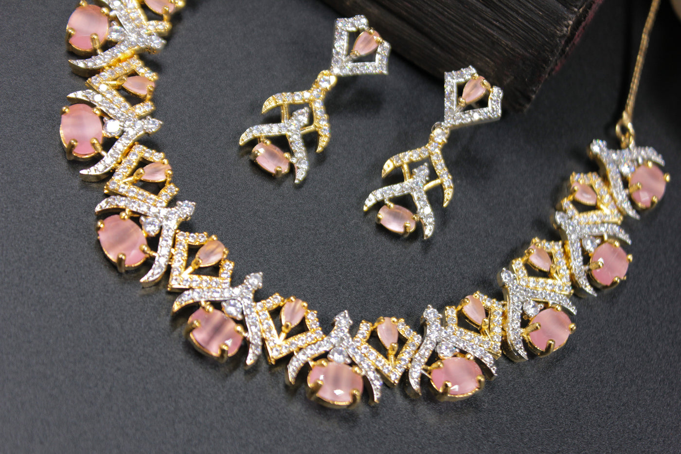 Rose Pink Oval Necklace Set with Diamond X Design - SIA451023_D