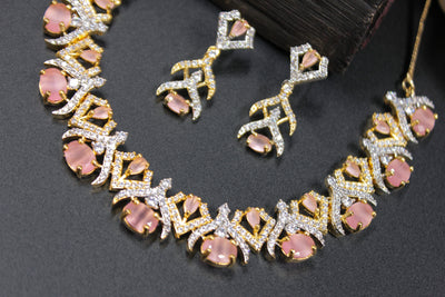 Rose Pink Oval Necklace Set with Diamond X Design - SIA451023_D