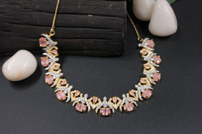 Rose Pink Oval Necklace Set with Diamond X Design - SIA451023_D
