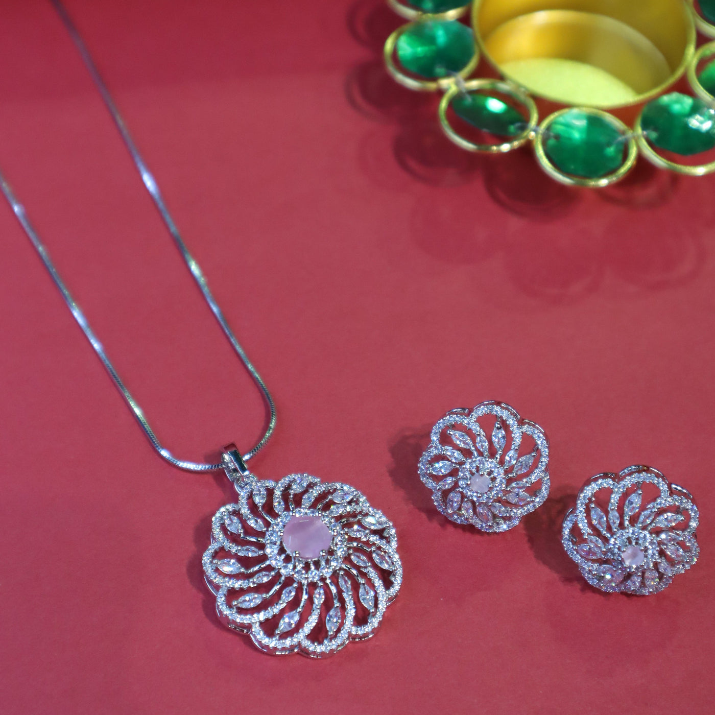 Silver Floral Pendant Set with Light Pink Center Stone - SIA451738