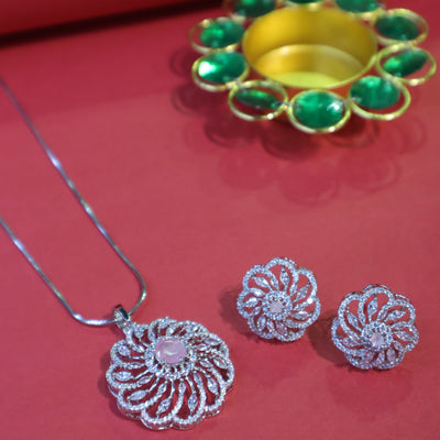 Silver Floral Pendant Set with Light Pink Center Stone - SIA451738