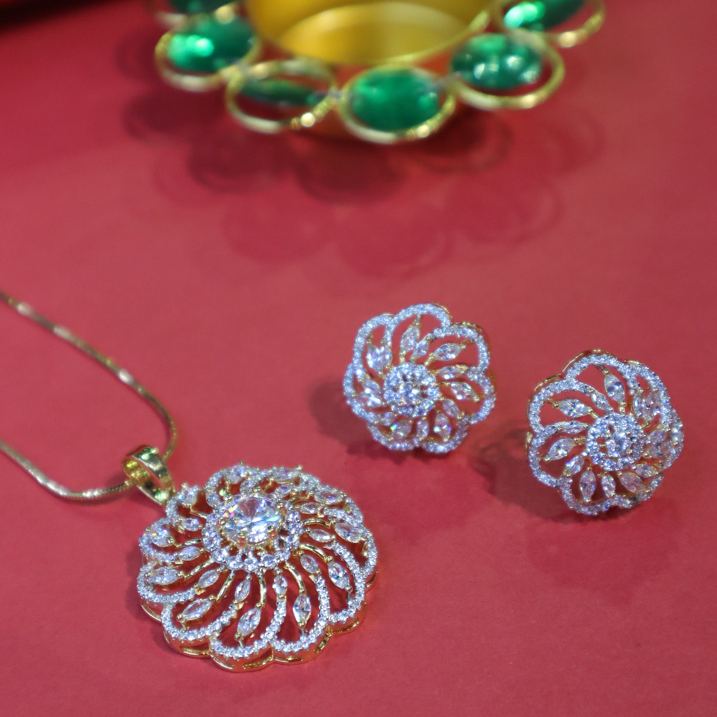 Round Floral Pendant Set in Gold with Sparkling White Stones - SIA451735