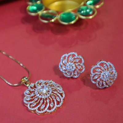 Round Floral Pendant Set in Gold with Sparkling White Stones - SIA451735