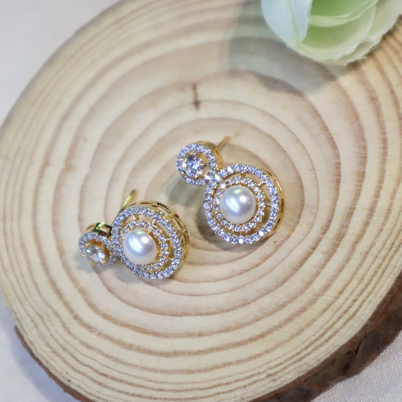 Gold Circular Pearl Drop Earrings with Diamond Halos - SIA450586