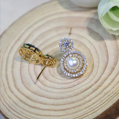 Gold Circular Pearl Drop Earrings with Diamond Halos - SIA450586