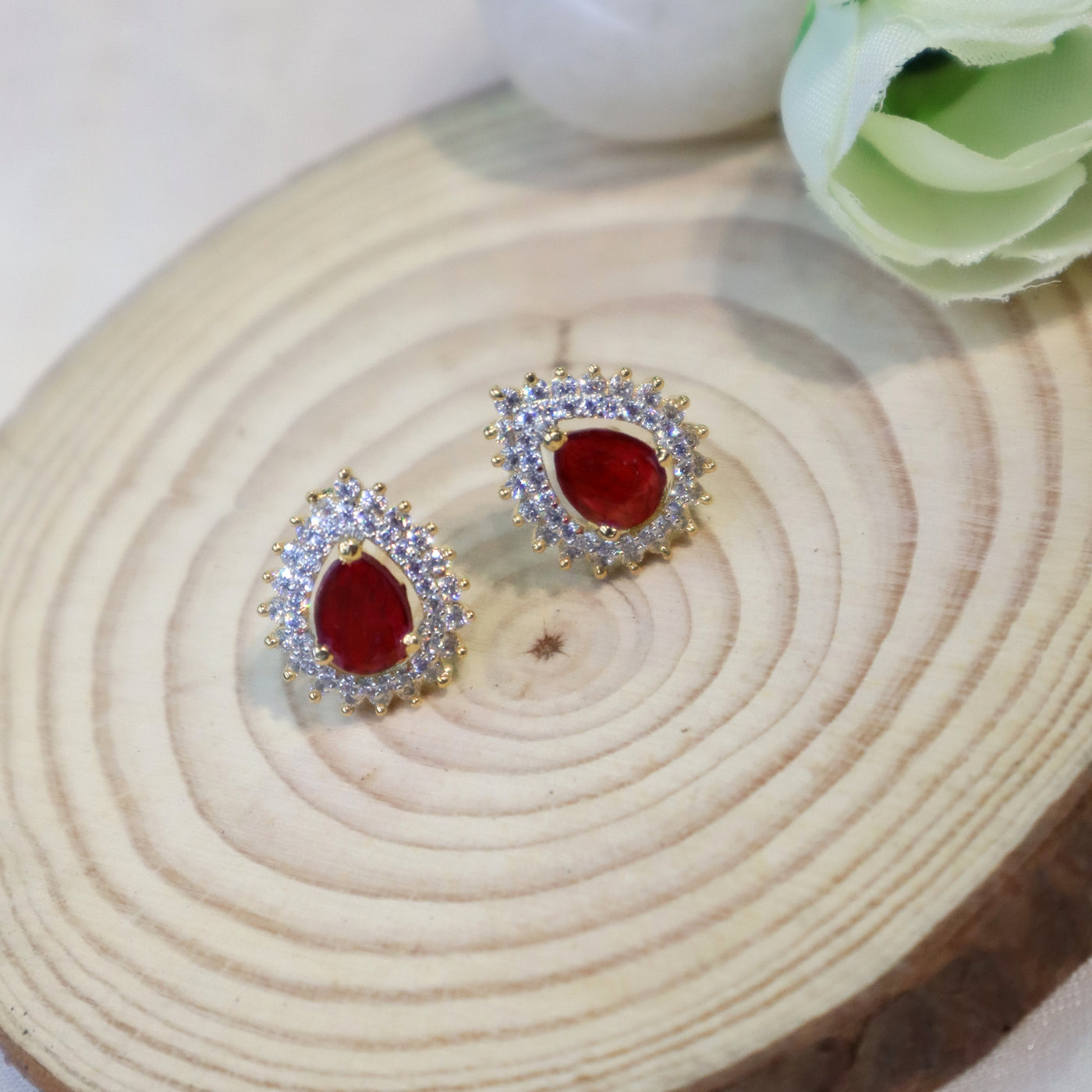 Ruby Teardrop Halo Stud Earrings - SIA450606