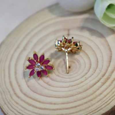 Pink Floral Stud Earrings with Marquise Petals and Crystal Center - SIA450611