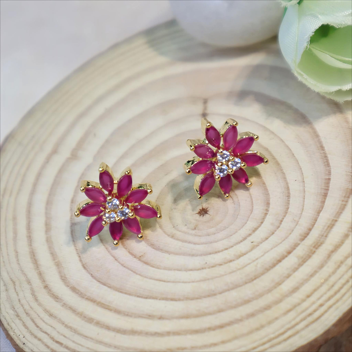 Pink Floral Stud Earrings with Marquise Petals and Crystal Center - SIA450611
