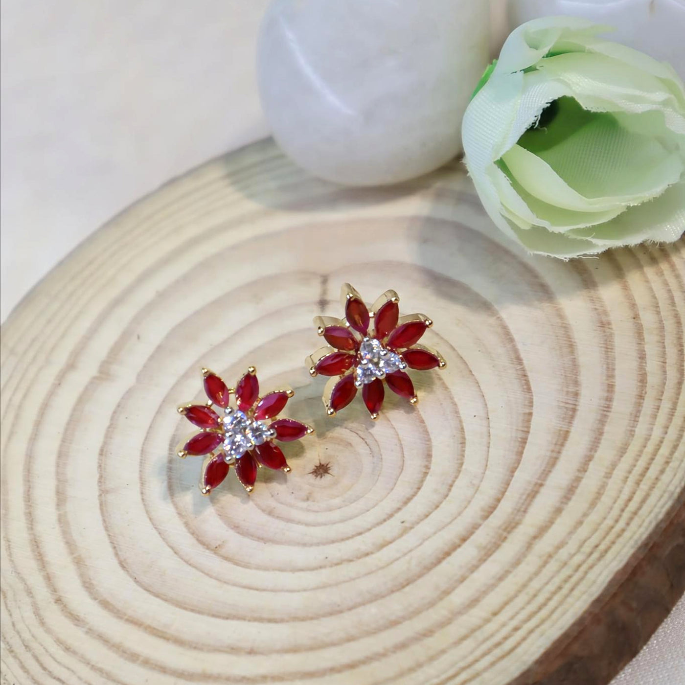 Red Marquise Floral Stud Earrings with Crystal Center - SIA450611_A
