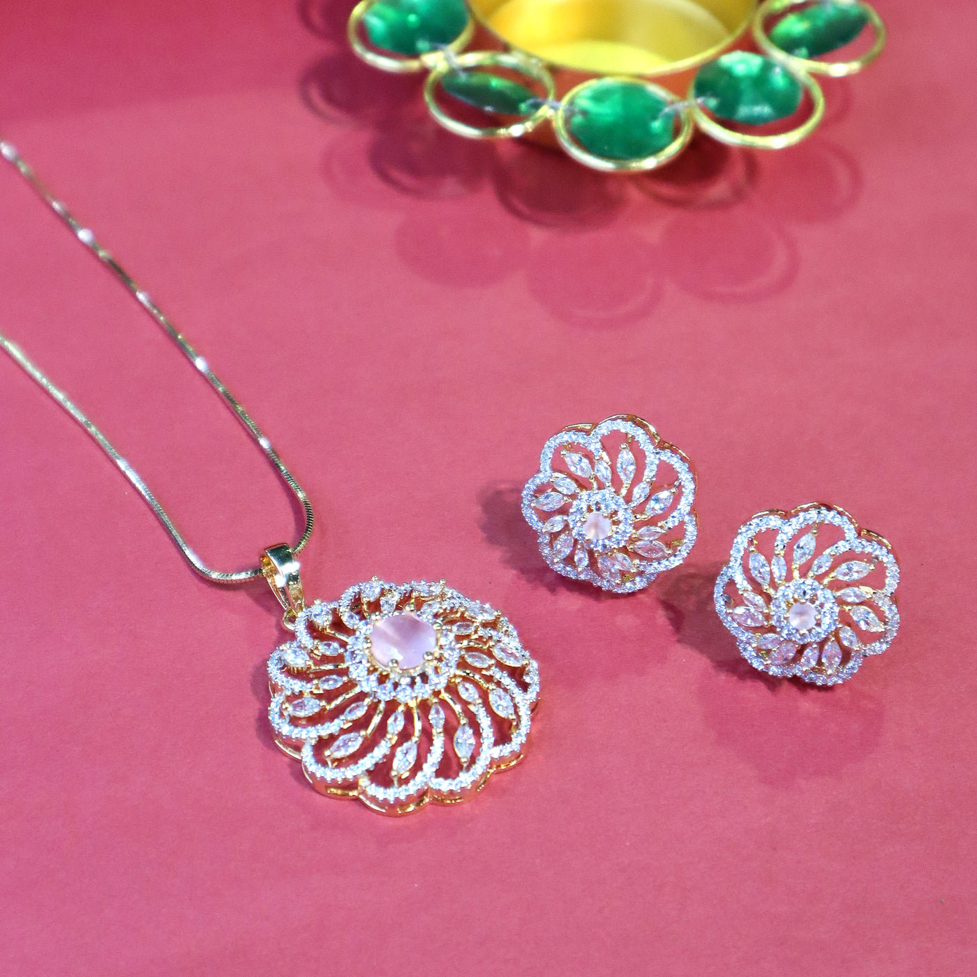 Floral Gold Pendant Set with Pink Center & Diamond Accents - SIA451738