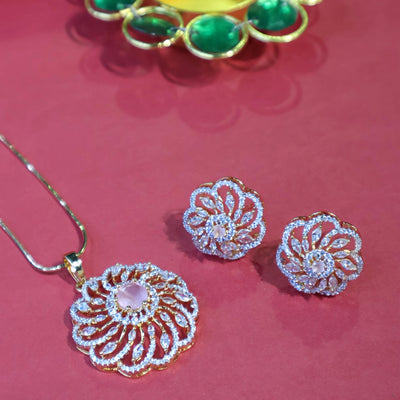 Floral Gold Pendant Set with Pink Center & Diamond Accents - SIA451738