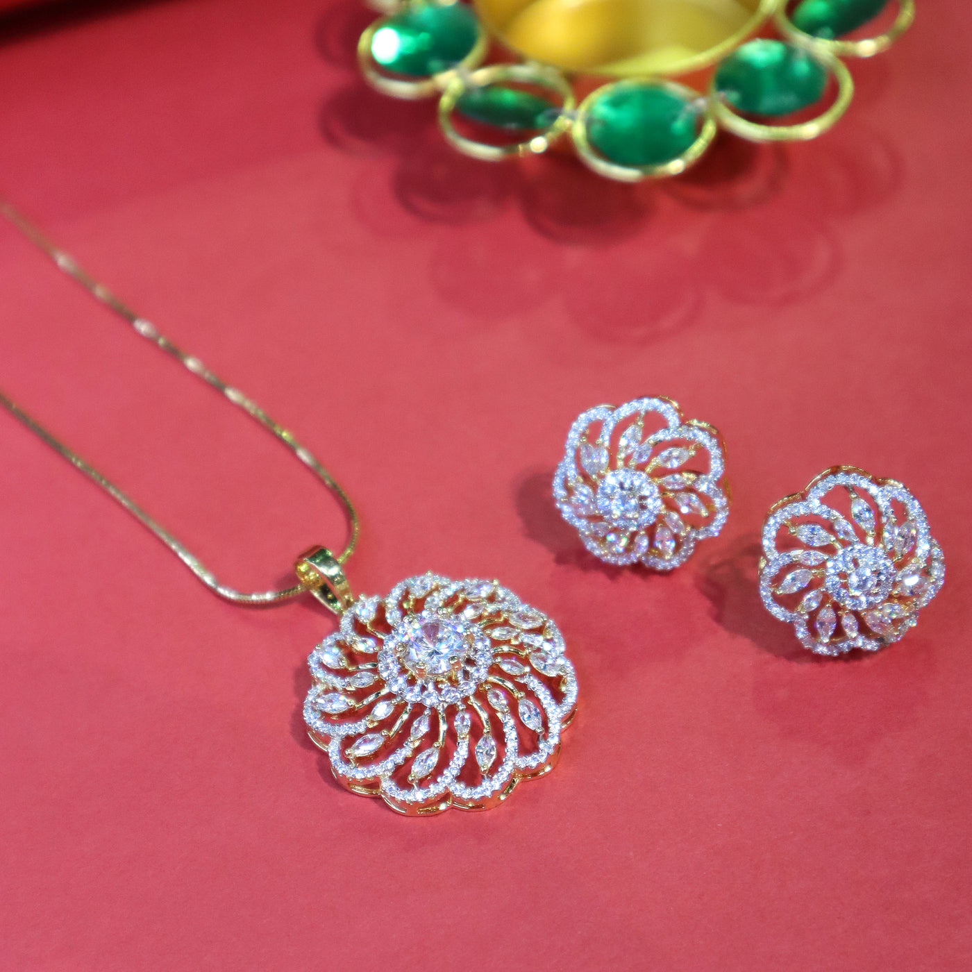 Round Floral Pendant Set in Gold with Sparkling White Stones - SIA451735