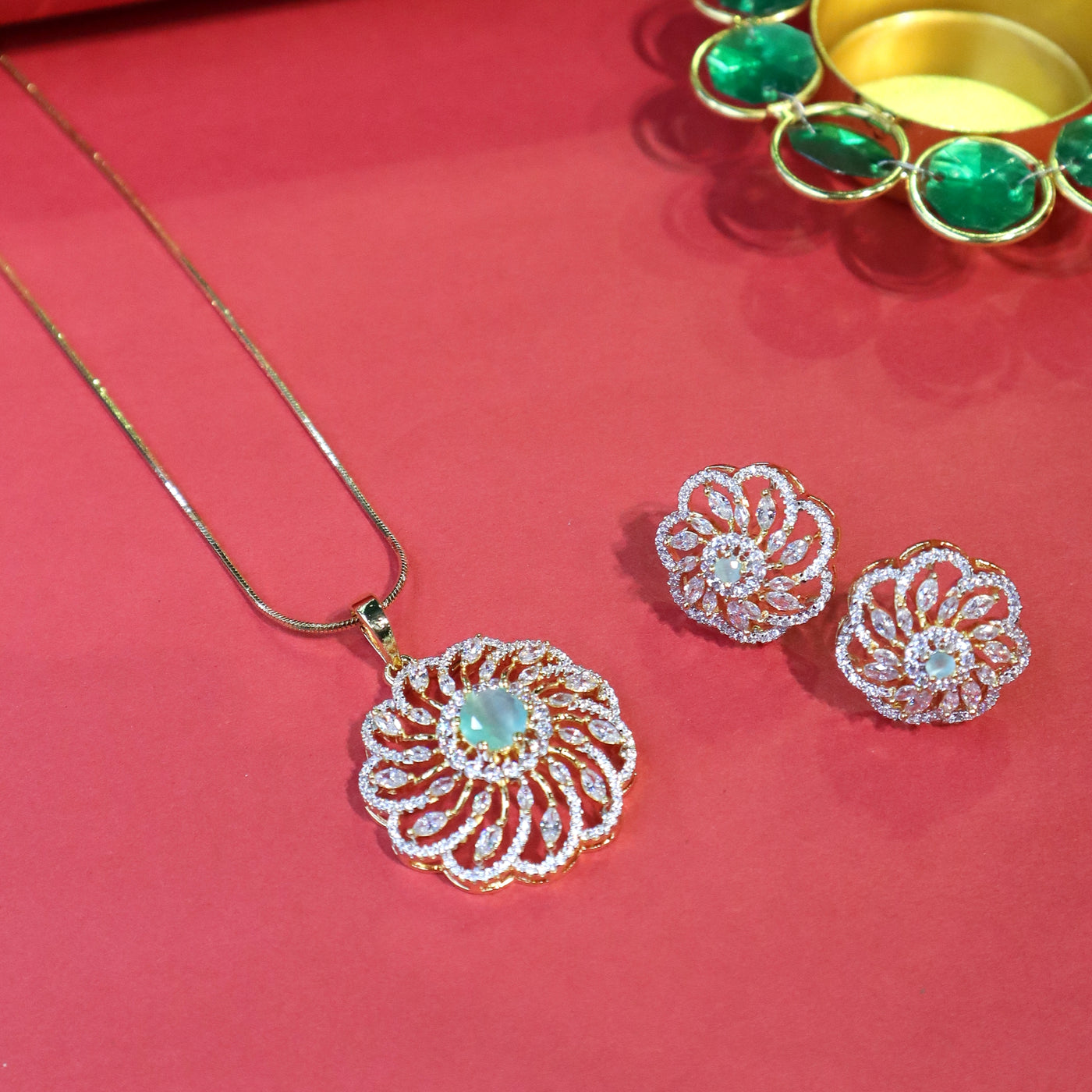 Gold Floral Pendant Set with Mint Green Stone - SIA451737
