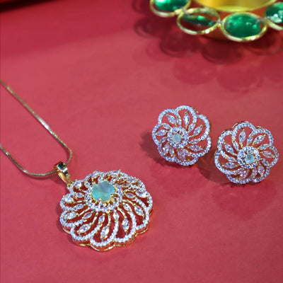 Gold Floral Pendant Set with Mint Green Stone - SIA451737