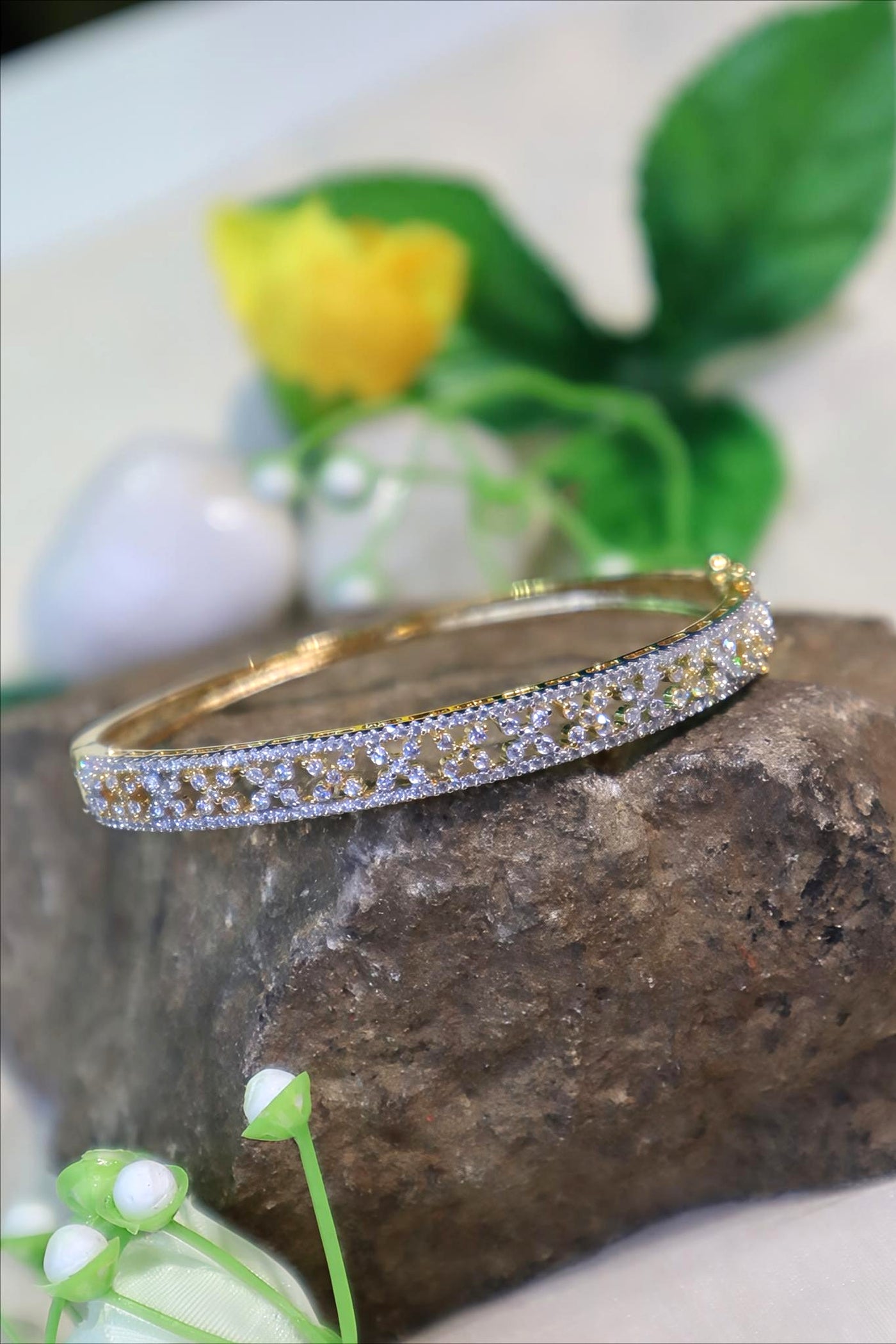 Gold-Toned Floral Mesh CZ Bracelet - SIA450954