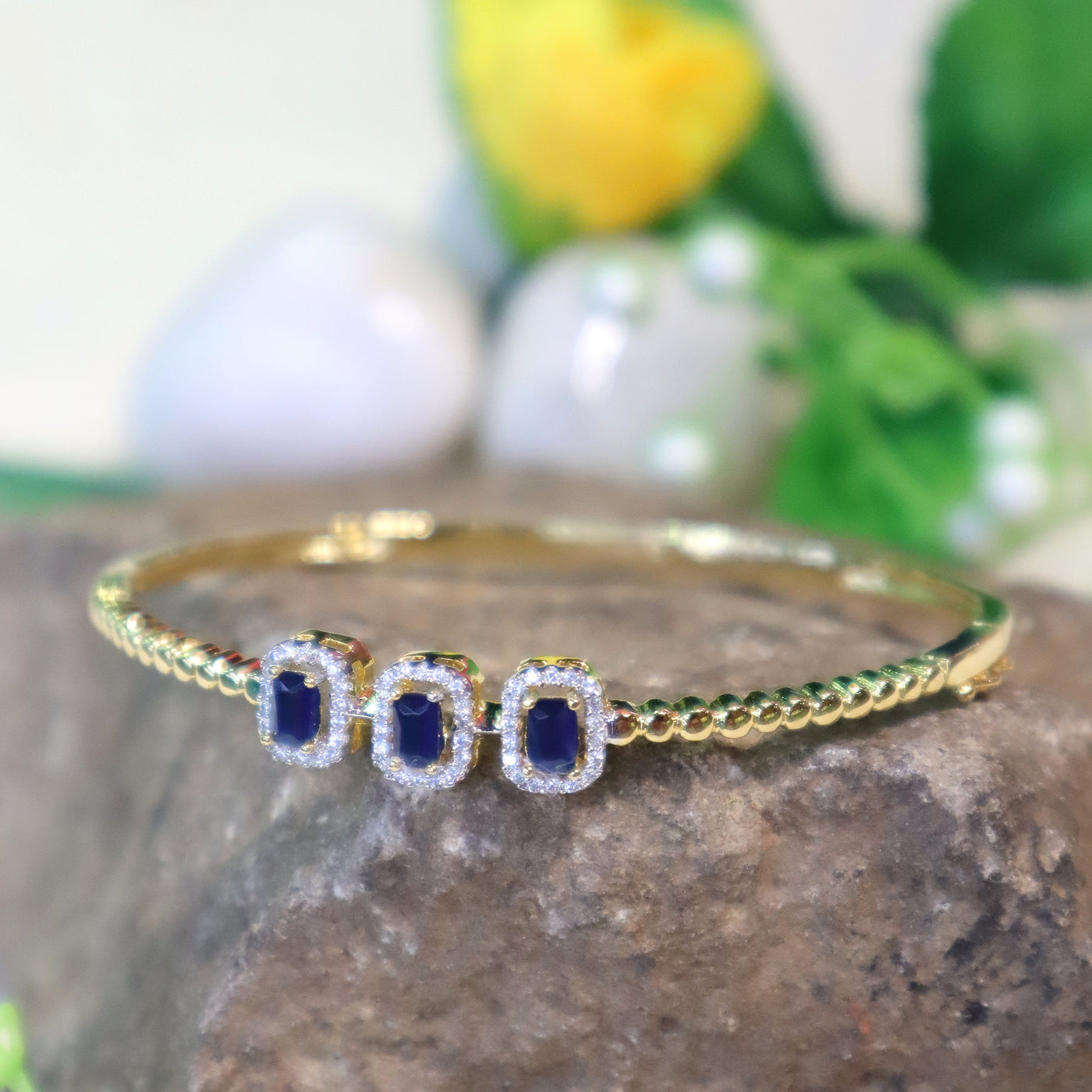 Elegant Gold Bracelet with Triple Blue Sapphire & Diamond Halo - SIA450958