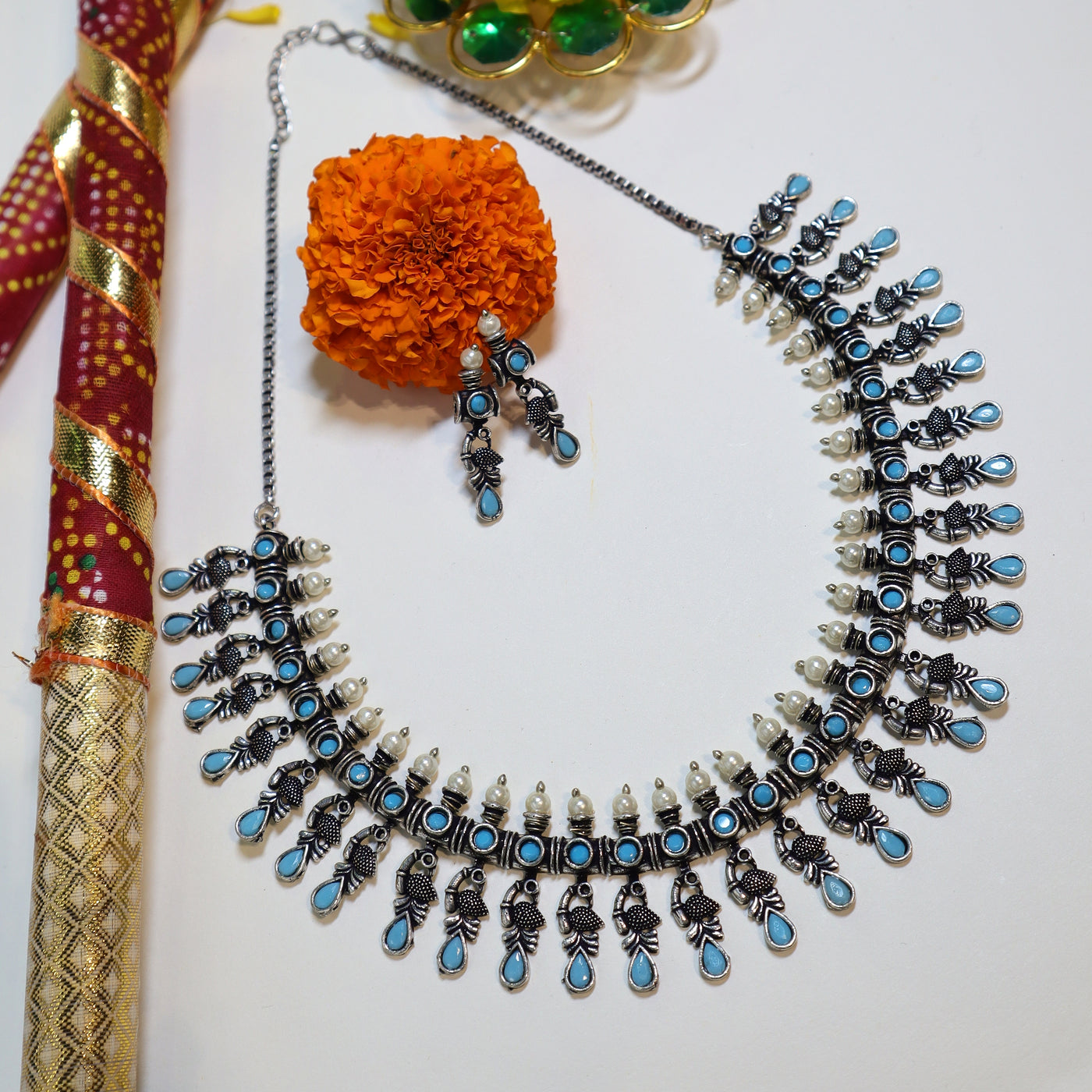 Oxidized Silver Necklace Set with Blue Teardrop Stones & Pearl Accents-SIA452028