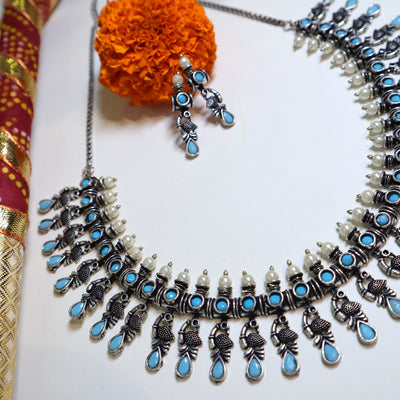 Oxidized Silver Necklace Set with Blue Teardrop Stones & Pearl Accents-SIA452028