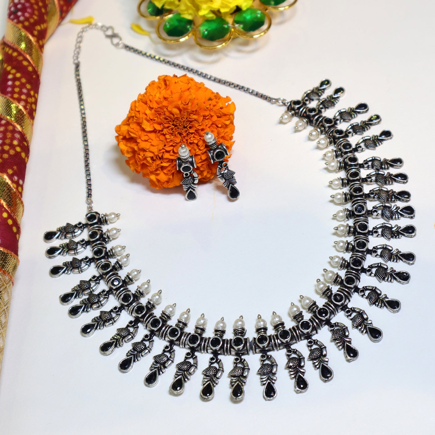 Black Stone & Pearl Oxidized Necklace Set-SIA452028