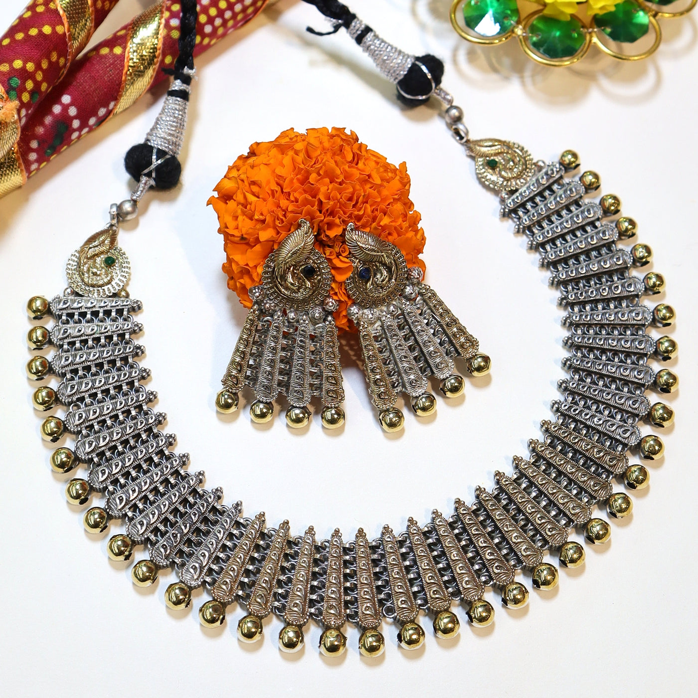 Peacock-Inspired Silver Necklace Set with Bell Drops - SIA452004