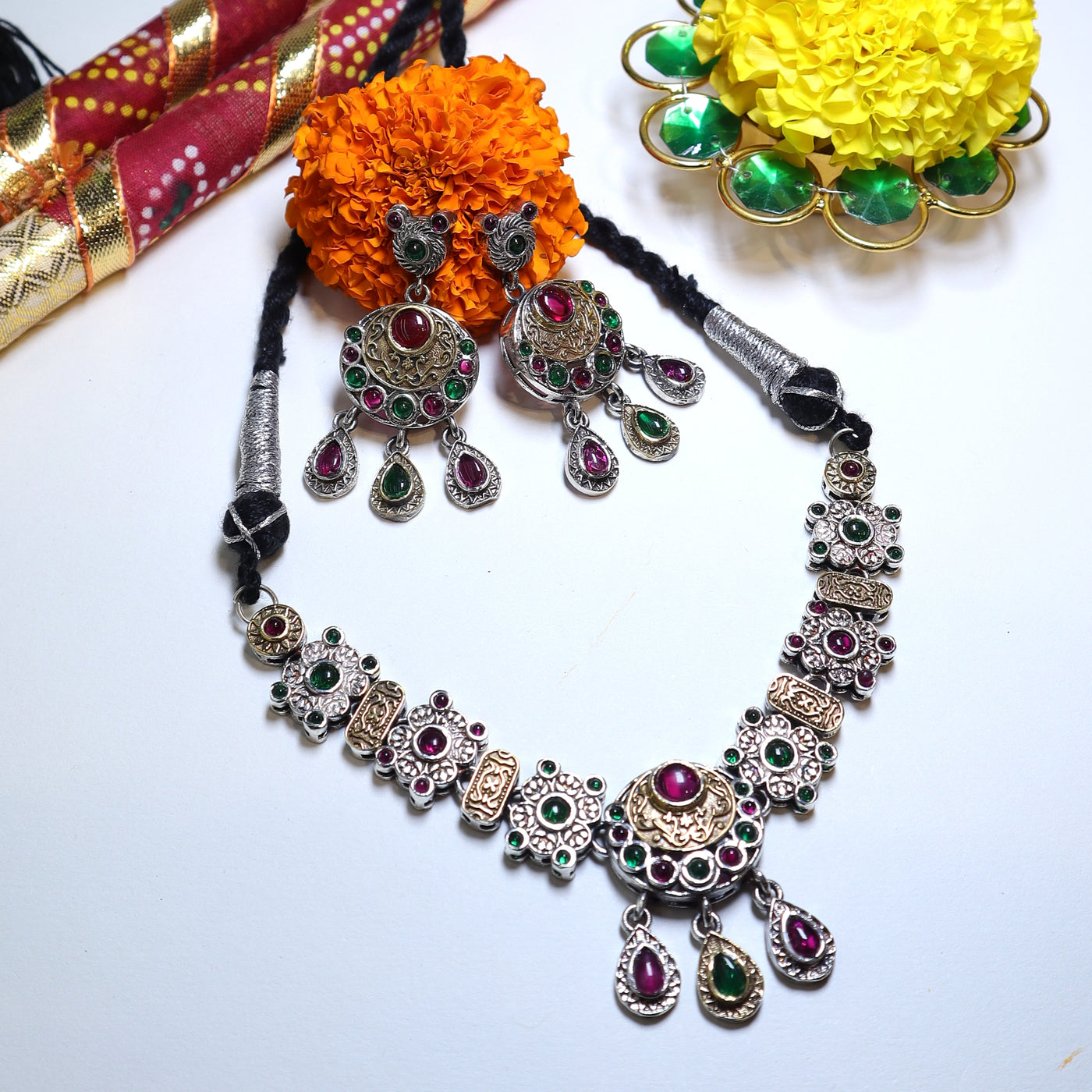 Silver Floral Necklace Set with Green & Ruby Stones-SIA452124
