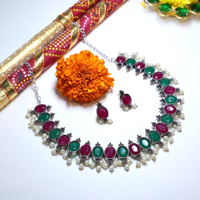 Green & Magenta Oval Stone Necklace with Pearls -SIA452024