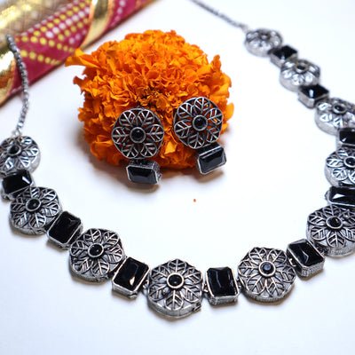Black & Silver Floral Geometric Necklace Set with Round & Rectangular Accents-SIA452073