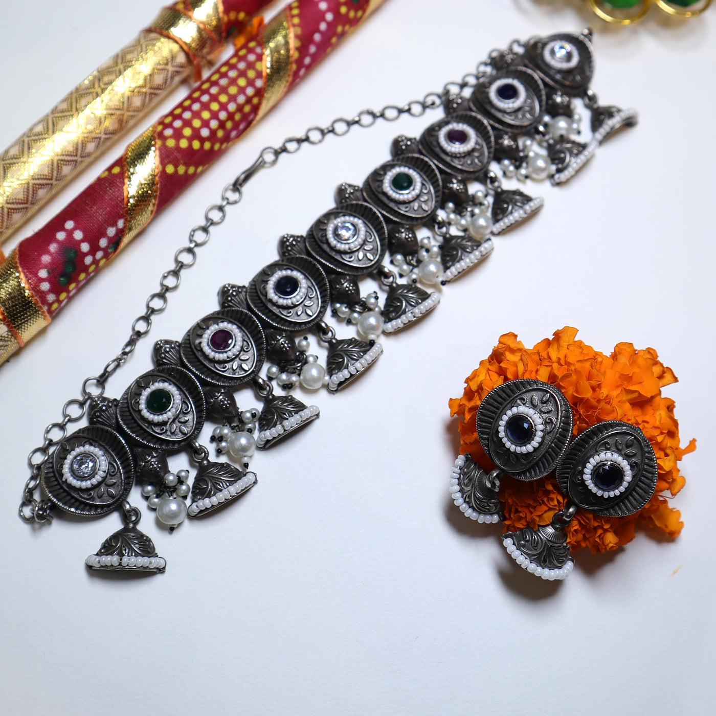 Multicolor Coin Oxidized Silver Necklace Set with Pearl Drops-SIA452058