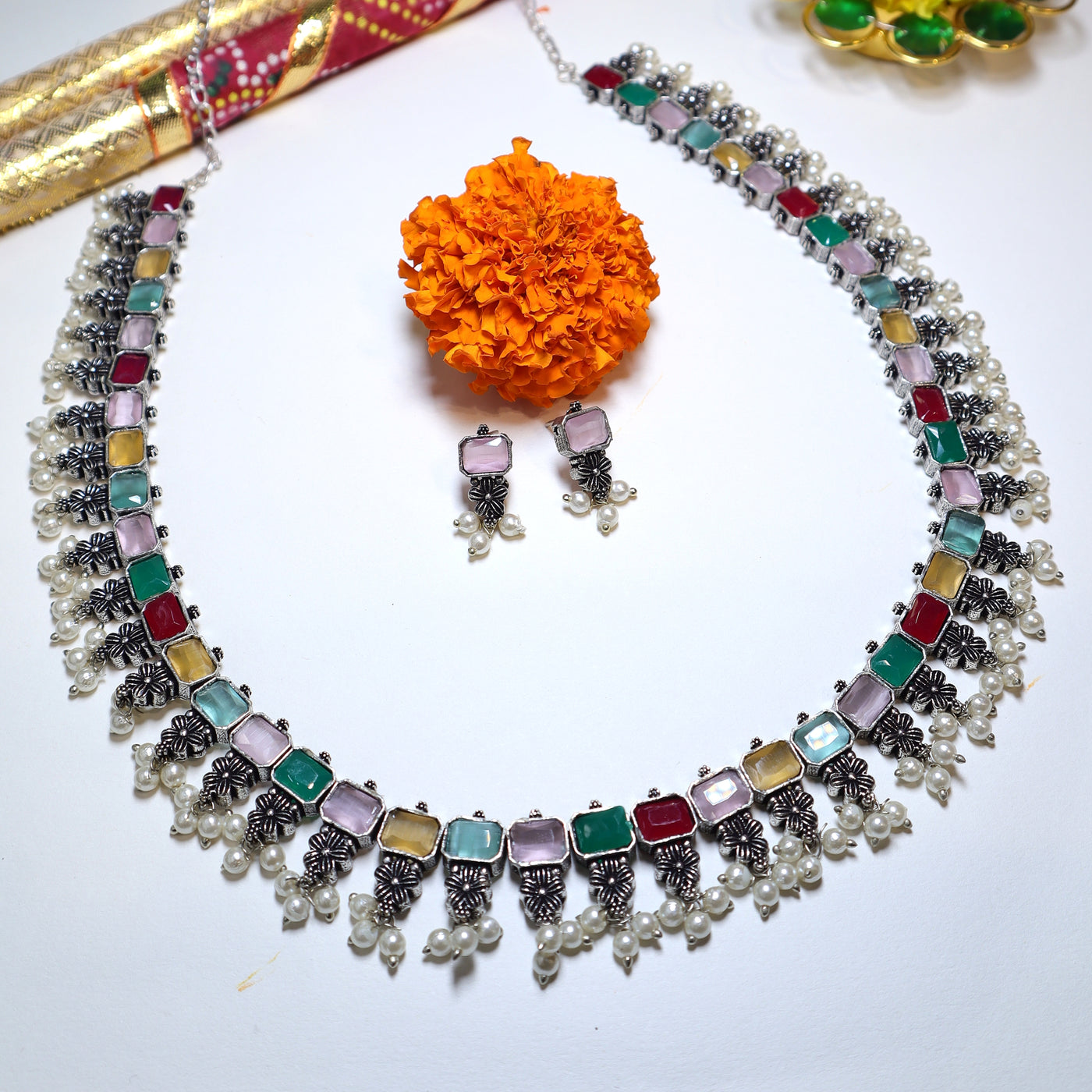 Multicolor Square Gemstone Silver Necklace with Pearl Accents-SIA452079