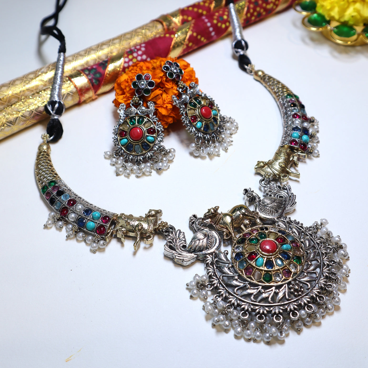 Multicolor Tribal Silver Necklace with Cow & Peacock Design-SIA452018