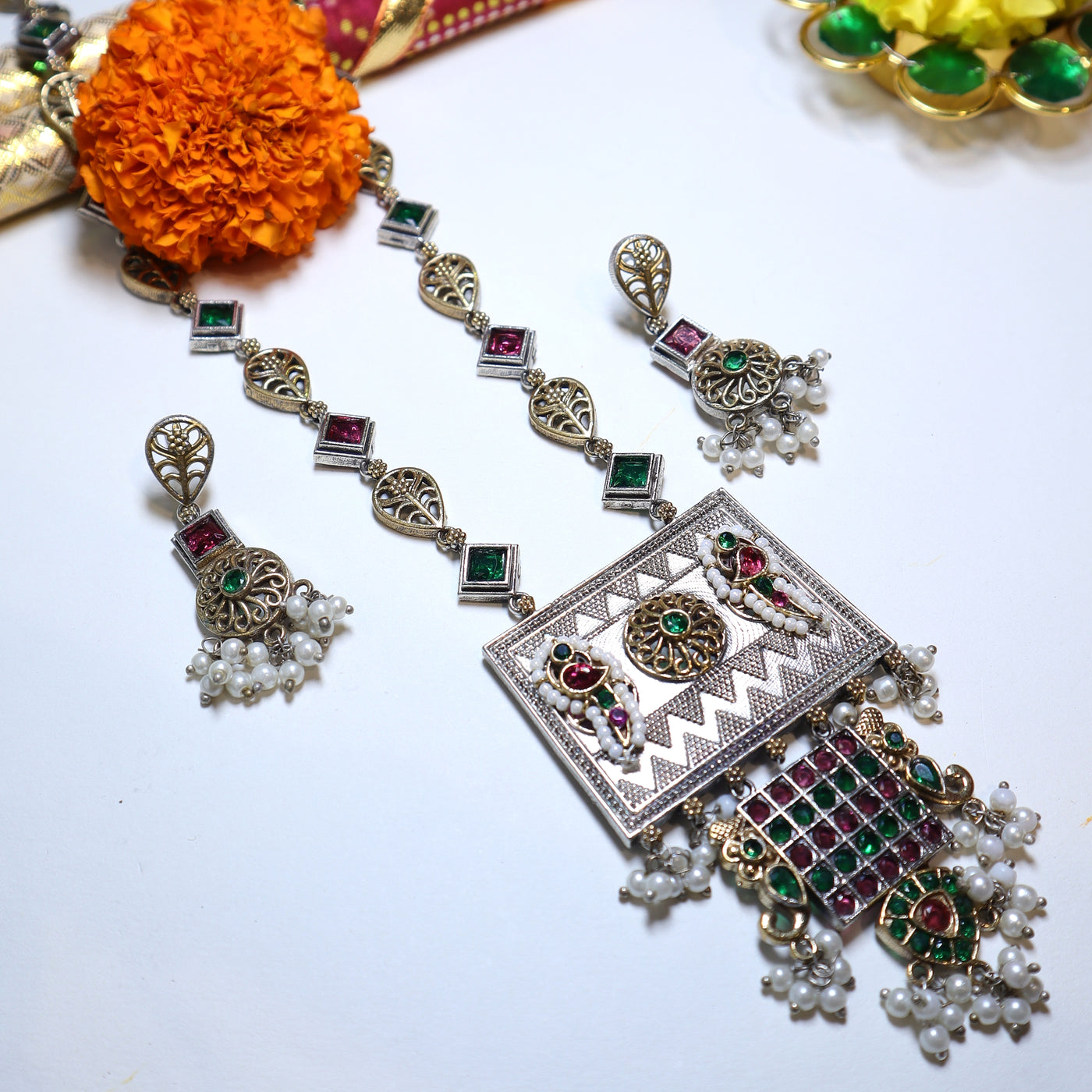 Silver Square Pendant Necklace with Green-Pink Stones & Pearls-SIA452126