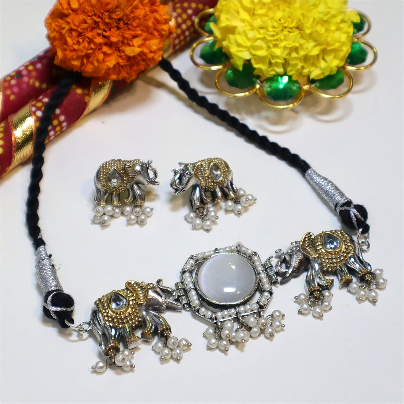 Elephant Pearl Necklace Set with Round White Stone-SIA452066