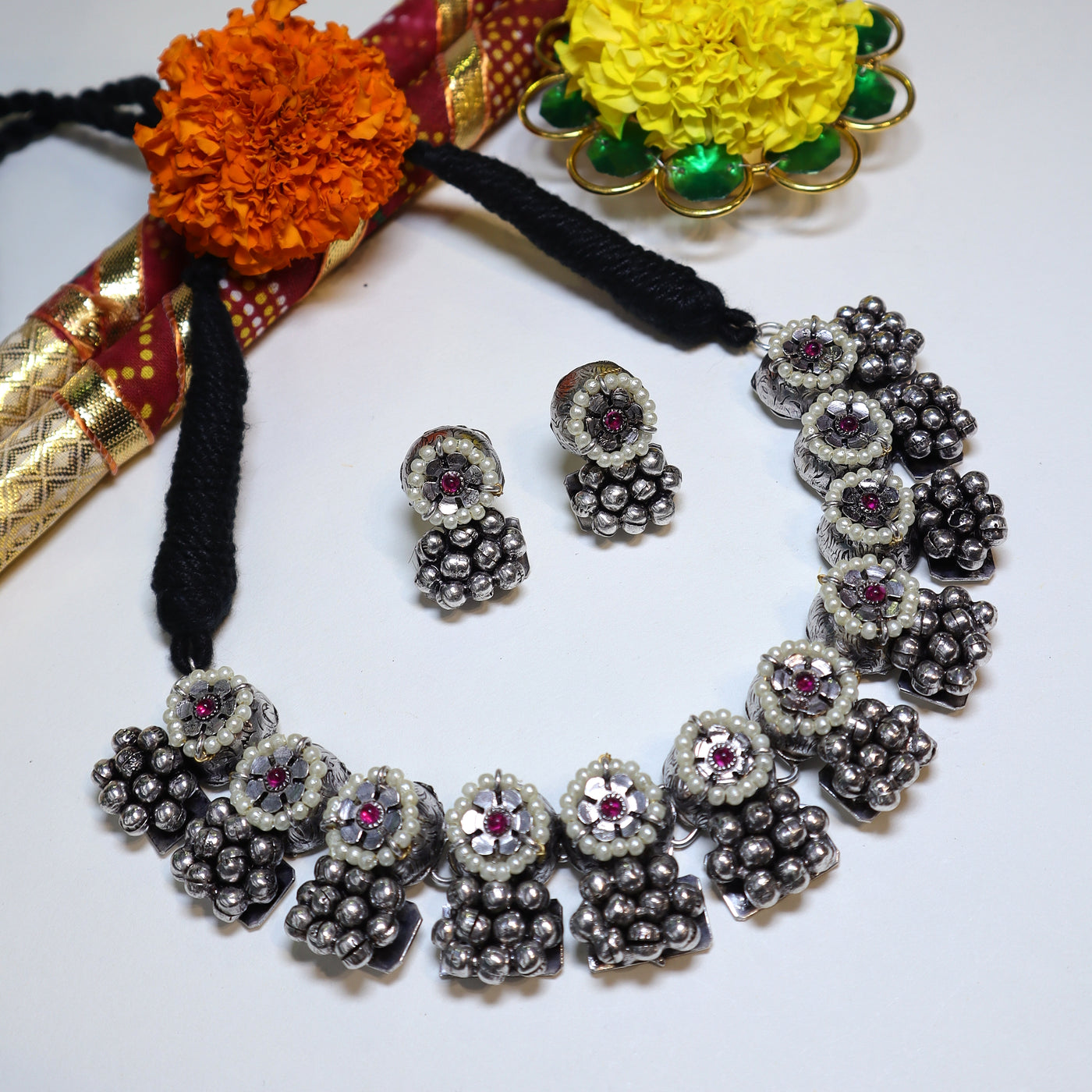 Silver Oxidized Floral Necklace Set with Pearls and Ruby Accents-SIA452094